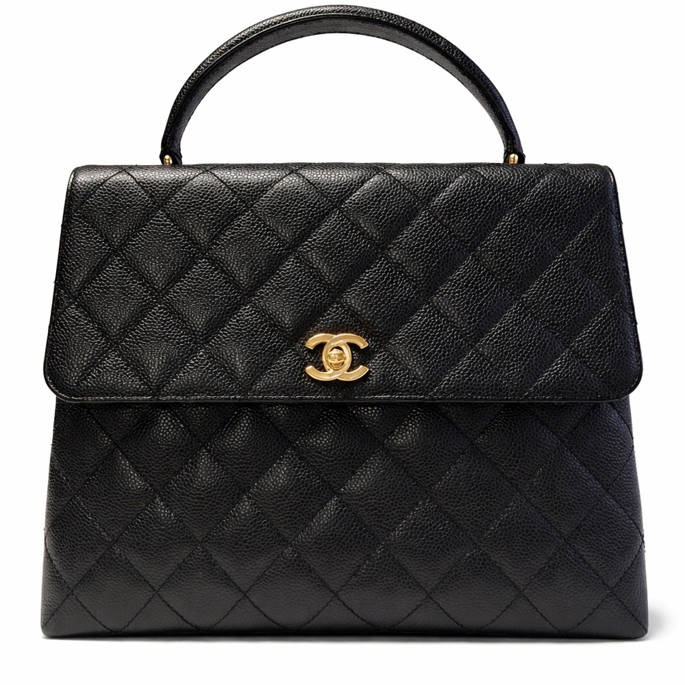 Vintage Top Handle Chanel Black Quilted Caviar Leather Handbag